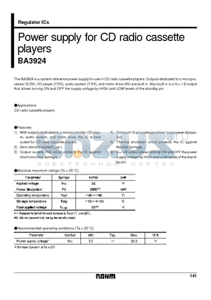 BA3924 datasheet - Power supply for CD radio cassette players