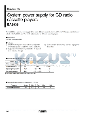 BA3938 datasheet - System power supply for CD radio cassette players