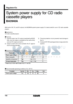 BA3940A datasheet - System power supply for CD radio cassette players