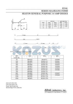 BA491-100 datasheet - SILICON GENERAL PURPOSE 3.0 AMP DIODES