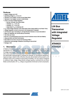 ATA6625 datasheet - LIN Bus Transceiver with Integrated Voltage Regulator