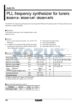 BU2611A datasheet - PLL frequency synthesizer for tuners