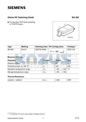 BA582 datasheet - Silicon RF Switching Diode