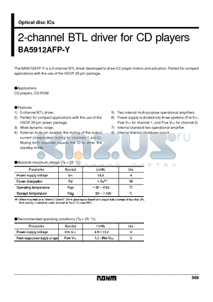 BA5912AFP-Y datasheet - 2-channel BTL driver for CD players