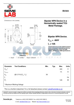 BU323 datasheet - Bipolar NPN Device in a Hermetically sealed TO3