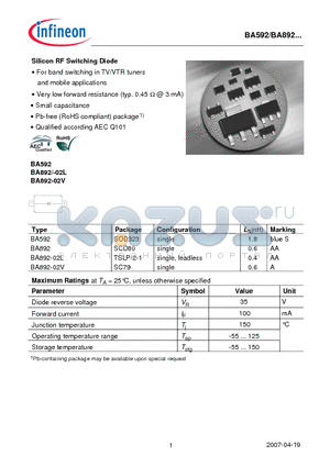 BA592 datasheet - Silicon RF Switching Diode