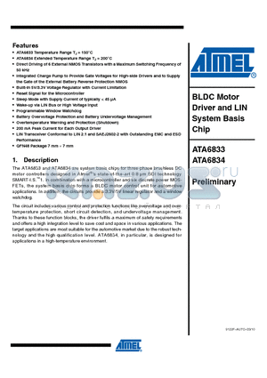 ATA6833-PLQW datasheet - Built-in 5V/3.3V Voltage Regulator with Current Limitation