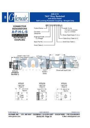 400LS015M08 datasheet - TAG Ring Backshell with Strain Relief