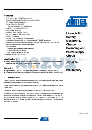 ATA6870-PLPW datasheet - Li-Ion, NiMH Battery Measuring, Charge Balancing and Power-supply Circuit