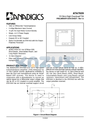 ATA7609 datasheet - 10 Gb/s High Overload TIA