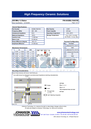 0430BL15A0100 datasheet - 430 MHz 1:2 Balun