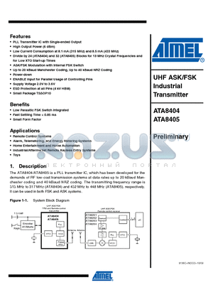 ATA8404-6DQY datasheet - UHF ASK/FSK Industrial Transmitter