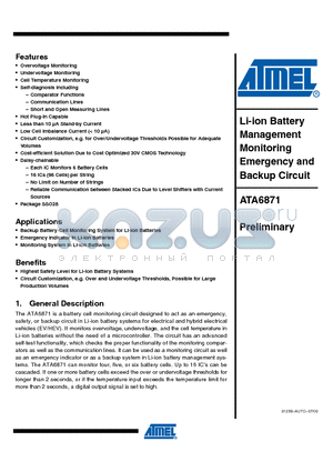 ATA6871 datasheet - Li-ion Battery Management Monitoring Emergency and Backup Circuit