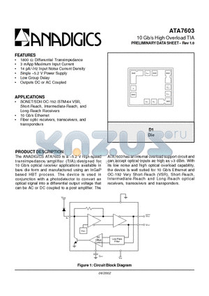 ATA7603 datasheet - 10 Gb/s High Overload TIA PRELIMINARY DATA SHEET - Rev 1.0