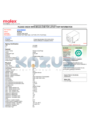 0432498901 datasheet - Modular Jack, Right Angle, Low Profile, 8/10, Panel Stops