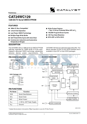 CAT28WC129P-1.8TE13 datasheet - 128K-Bit I2C Serial CMOS E2PROM