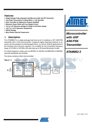ATAM862-3 datasheet - Microcontroller with UHF ASK/FSK Transmitter