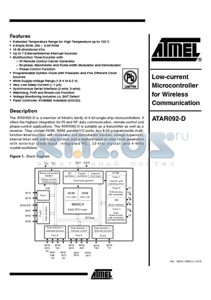 ATAR092X-YYY-TKQYZ datasheet - Low-current Microcontroller for Wireless Communication