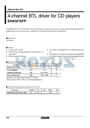 BA6297AFP datasheet - 4-channel BTL driver for CD players