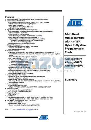 ATATMEGA168V datasheet - 8-bit Atmel Microcontroller with 4/8/16K Bytes In-System Programmable Flash