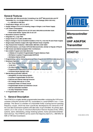 ATA8743 datasheet - Microcontroller with UHF ASK/FSK Transmitter