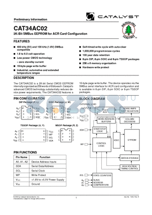 CAT34AC02PI datasheet - 2K-Bit SMBus EEPROM for ACR Card Configuration