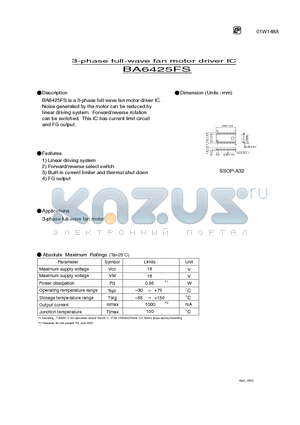 BA6425FS datasheet - 3-phase full-wave fan motor driver IC