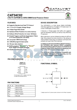 CAT34C02 datasheet - 2-Kb I2C EEPROM for DDR2 DIMM Serial Presence Detect