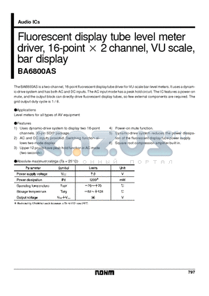 BA6800 datasheet - Fluorescent display tube level meter driver, 16-point x 2 channel, VU scale, bar display