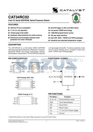 CAT34RC02UETE13REV-E datasheet - 2-kb I2C Serial EEPROM, Serial Presence Detect