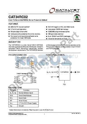 CAT34RC02VP2ITE13 datasheet - 2-kb I2C Serial EEPROM, Serial Presence Detect