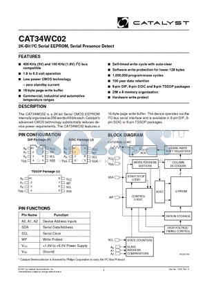 CAT34WC02JI-1.8TE13 datasheet - 2K-Bit I2C Serial EEPROM, Serial Presence Detect