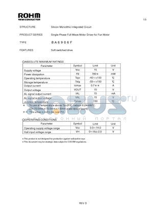 BA6906F_1 datasheet - Single-Phase Full-Wave Motor Driver for Fan Motor