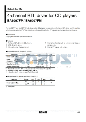 BA6997FM datasheet - 4-channel BTL driver for CD players