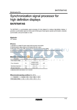 BA7078AF datasheet - Synchronization signal processor for high definition displays