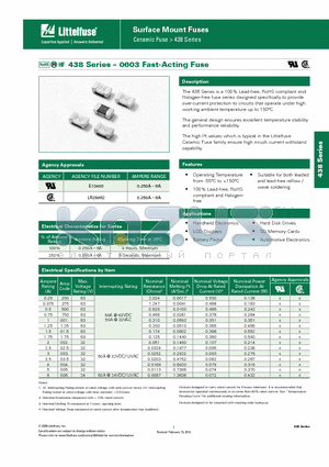0438.250WR datasheet - Surface Mount Fuses Ceramic Fuse > 438 Series