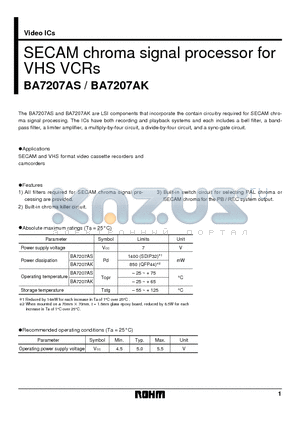 BA7207AS datasheet - SECAM chroma signal processor for VHS VCRs