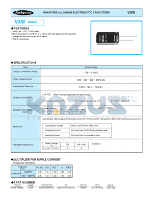 400VXW120M18X35 datasheet - MINIATURE ALUMINUM ELECTROLYTIC CAPACITORS