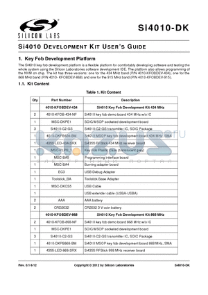 4010-KFOB-434-NF datasheet - Si4010 DEVELOPMENT KIT USERS GUIDE