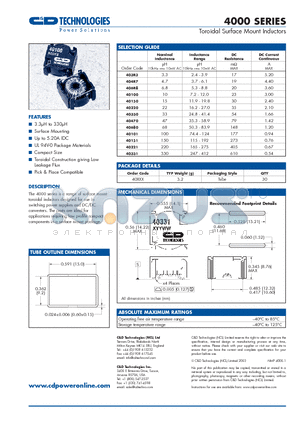 40101 datasheet - Toroidal Surface Mount Inductors