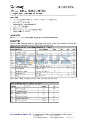 DL-5340-C270-VFS datasheet - 1270 nm ~ 1610 nm DFB LD MODULES 2.5 Gbps CWDM MQW-DFB LD PIGTAIL