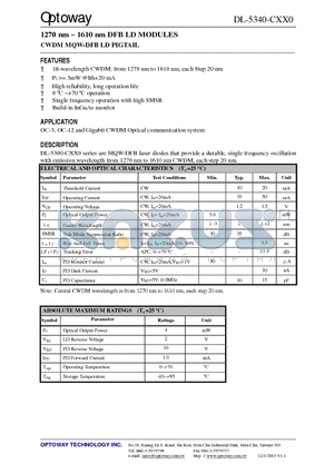 DL-5340-C270-VLS datasheet - 1270 nm ~ 1610 nm DFB LD MODULES CWDM MQW-DFB LD PIGTAIL