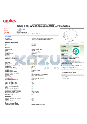 0441440001 datasheet - Modular Jack, Right Angle, Low Profile, SMT, 8/4