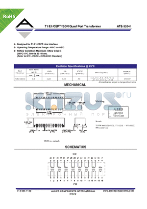 ATE-3204I datasheet - T1/E1/CEPT/ISDN Quad Port Transformer