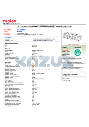 0441500015 datasheet - Modular Jack, Right Angle, Low Profile, 8/8, 4 Ports