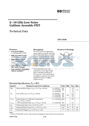 ATF-13336-TR1 datasheet - 2-16 GHz Low Noise Gallium Arsenide FET