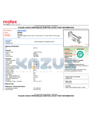 0441670001 datasheet - Flat Blade Appliance Dryer Motor Crimp Housing, 10 Circuit, With Tool Removable Latch