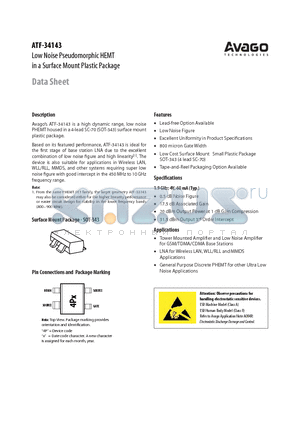 ATF-34143-BLKG datasheet - Low Noise Pseudomorphic HEMT in a Surface Mount Plastic Package