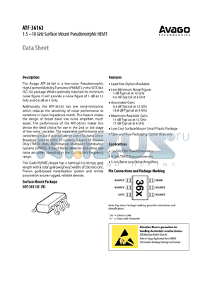 ATF-36163 datasheet - 1.5-18 GHz Surface Mount Pseudomorphic HEMT