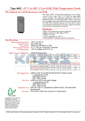401C104M020EJ8 datasheet - Low-ESR, Wide Temperature Grade The Ultimate in Cold Performance and ESR